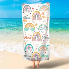 Boho Rainbow Personalized Towel Kids Beach Towel, Girls Rainbow Beach Towels, Name Rainbow Bath Towels