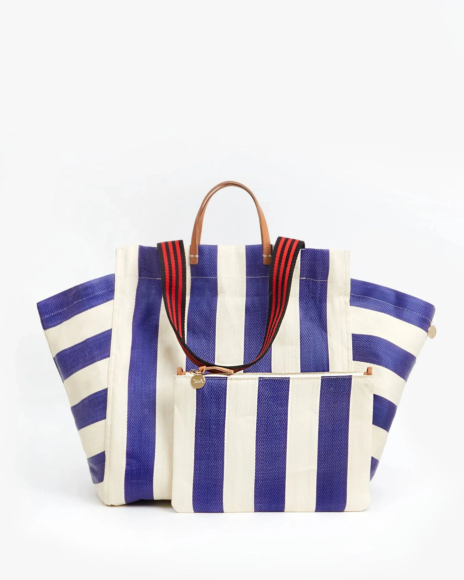 Clare V. - Beach Tote with Flat Clutch in Navy & Cream Striped Mesh