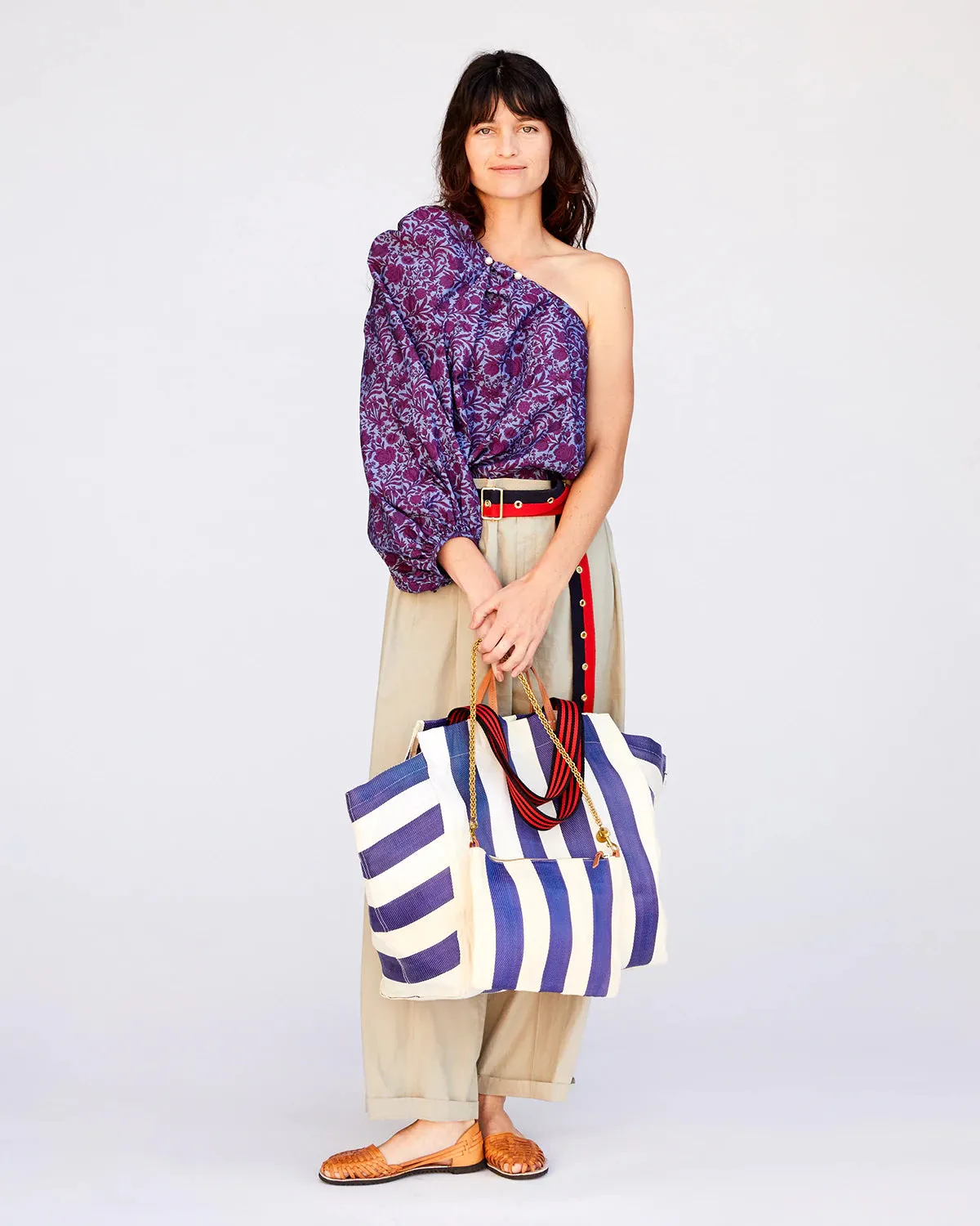 Clare V. - Beach Tote with Flat Clutch in Navy & Cream Striped Mesh