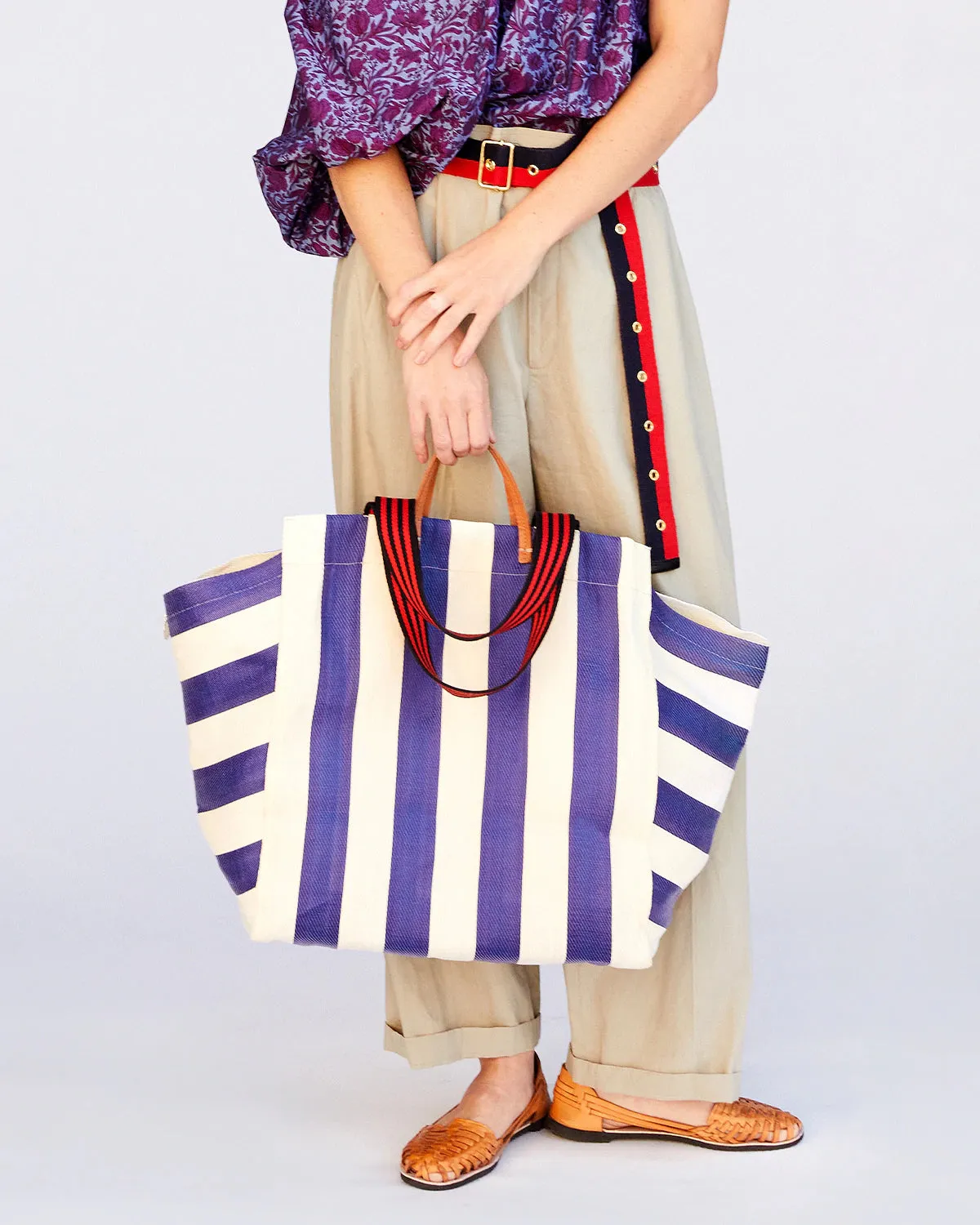 Clare V. - Beach Tote with Flat Clutch in Navy & Cream Striped Mesh