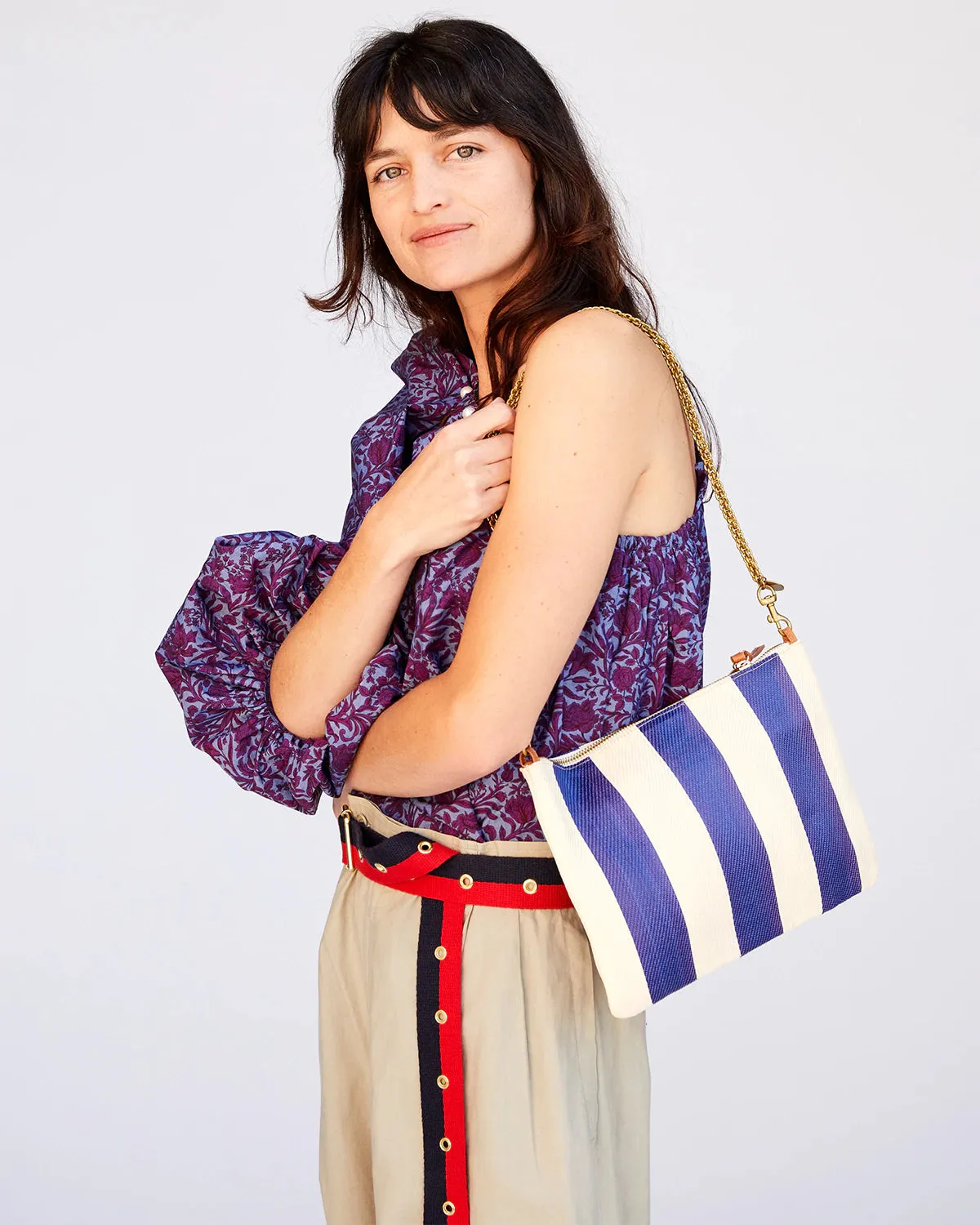 Clare V. - Beach Tote with Flat Clutch in Navy & Cream Striped Mesh