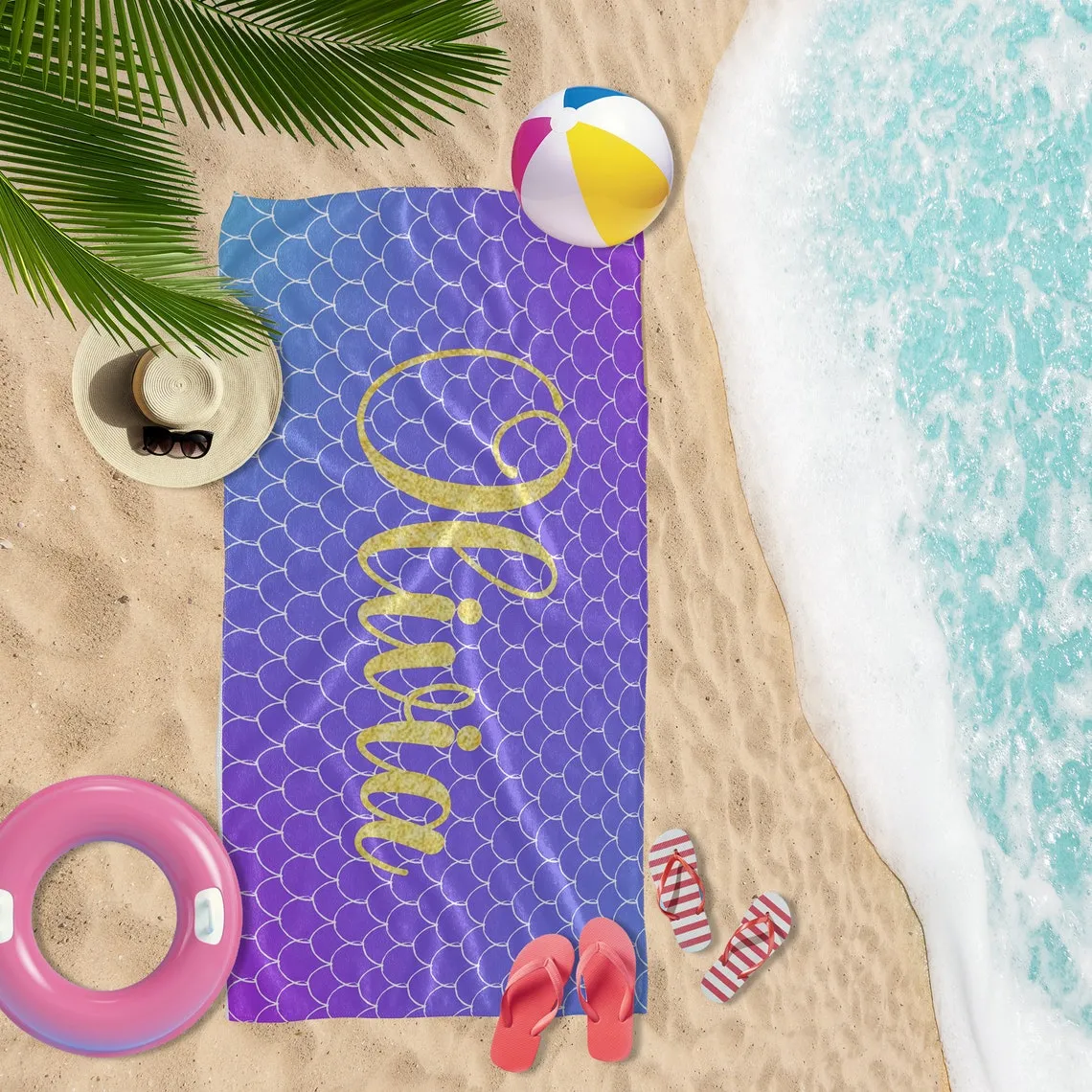 Custom Beach Towel, Monogrammed Towels Mermaid Print - Personalized Beach Towel, Bride Beach Towel with Your Name - Mermaid Scale Towel