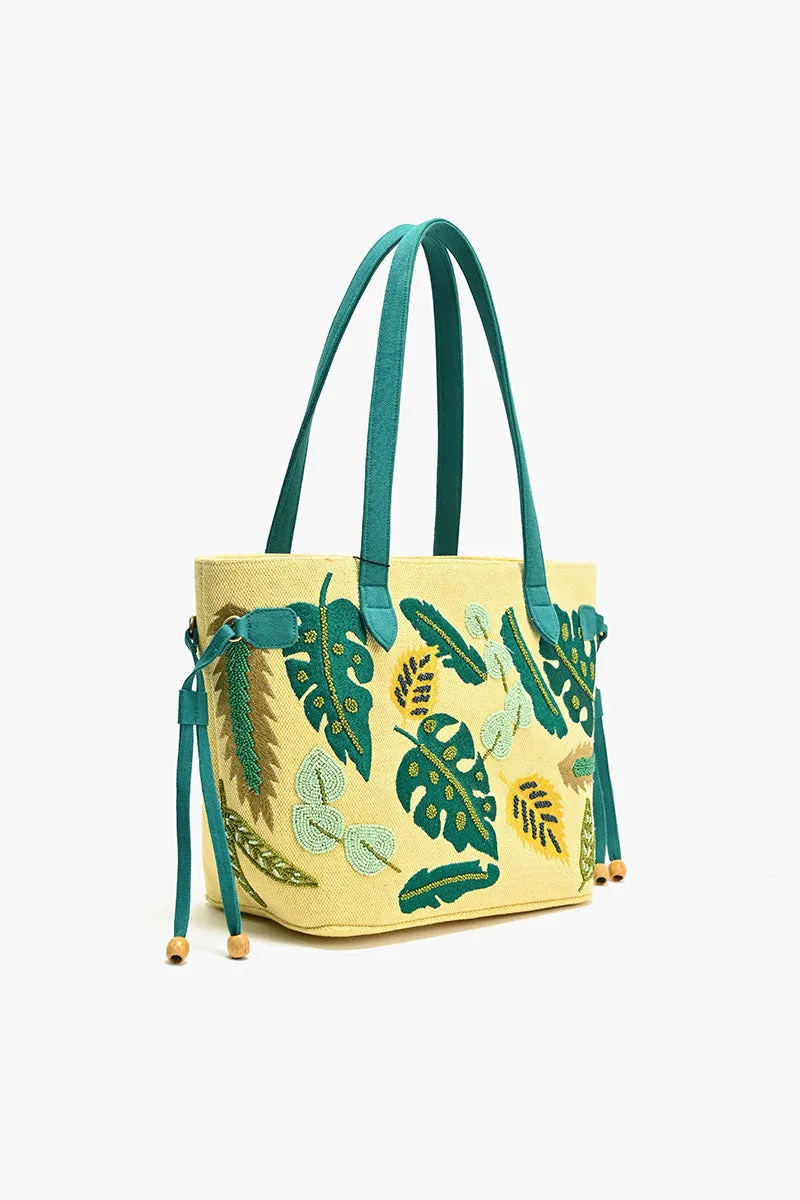 Embroidered Beaded Tote-Yellow Jungle