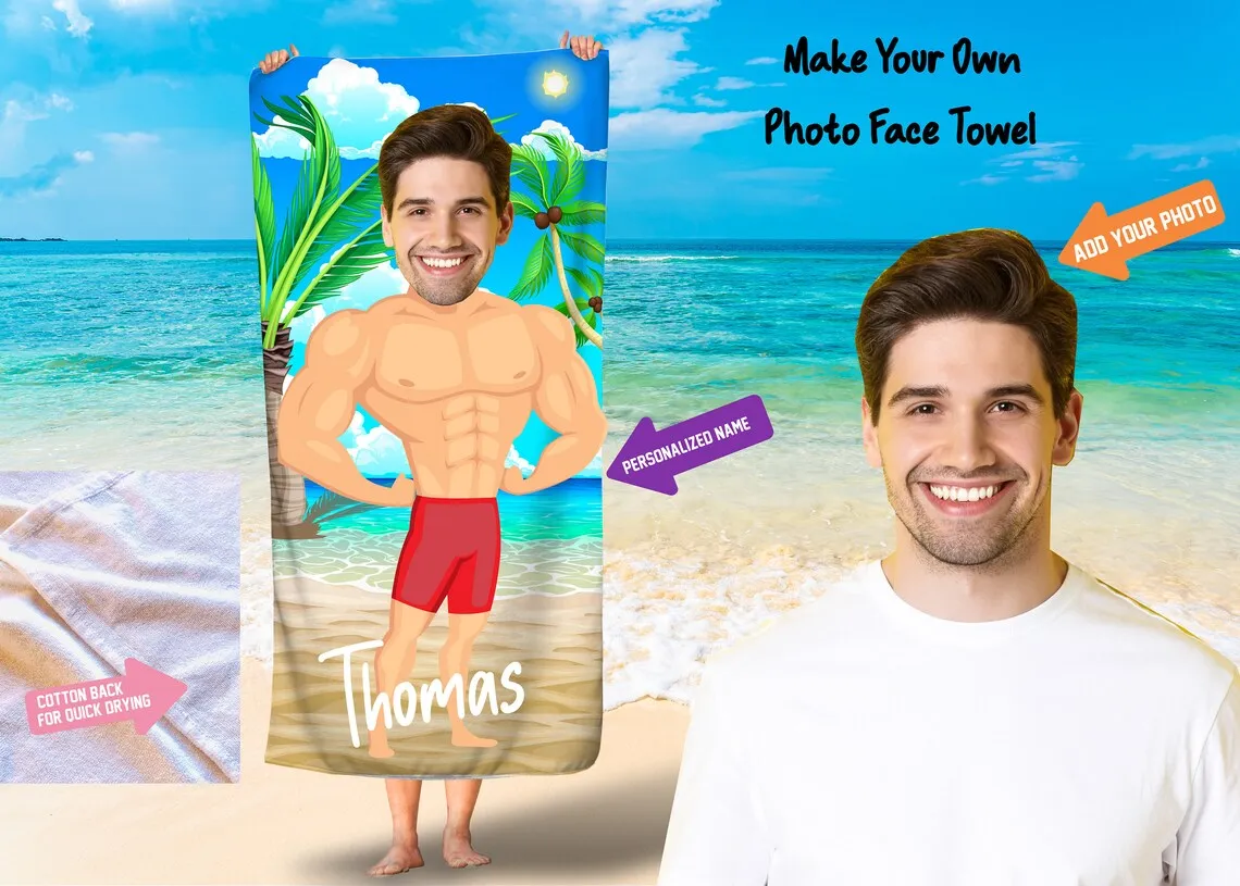 Funny Muscle Body Beach Towels, Photo Face Beach Towel, Custom Photo Face Towels, Funny Custom Beach Towel, Funny Hot Guy Towel