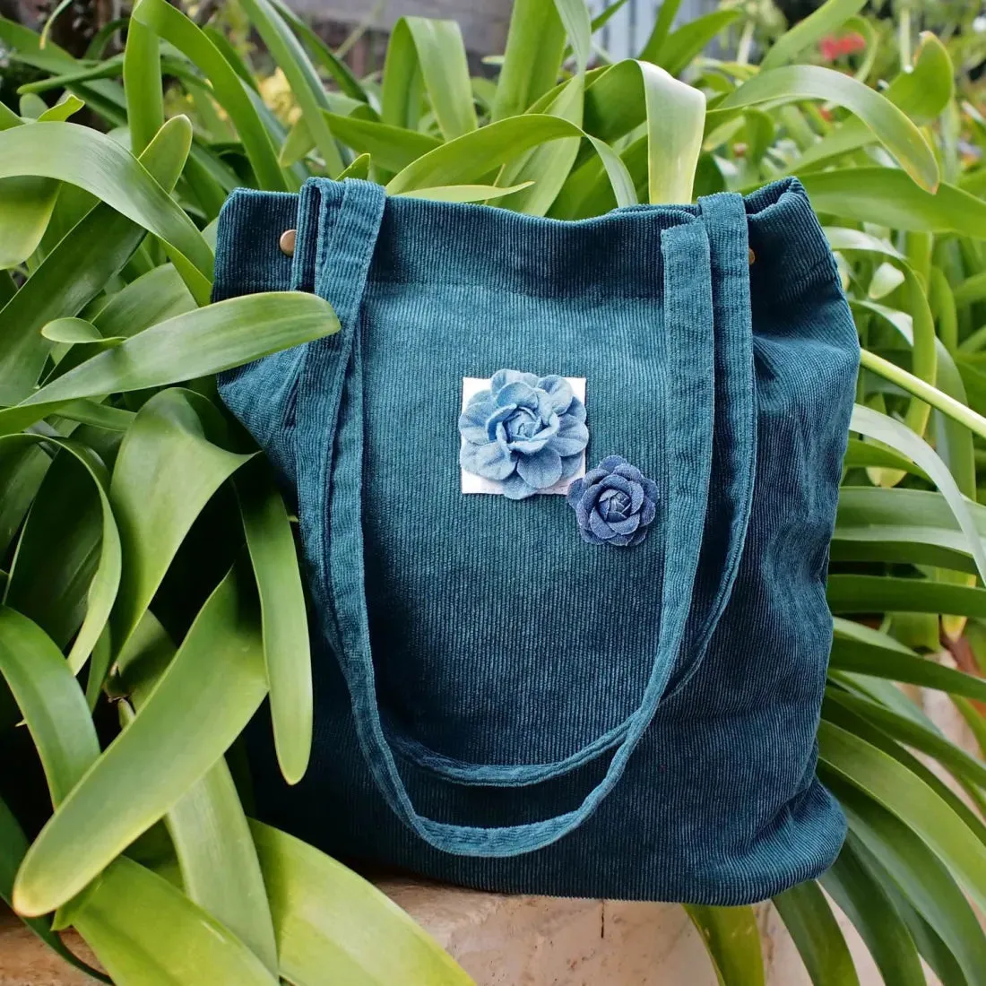 Green Maile Denim Floral Corduroy Tote Bag