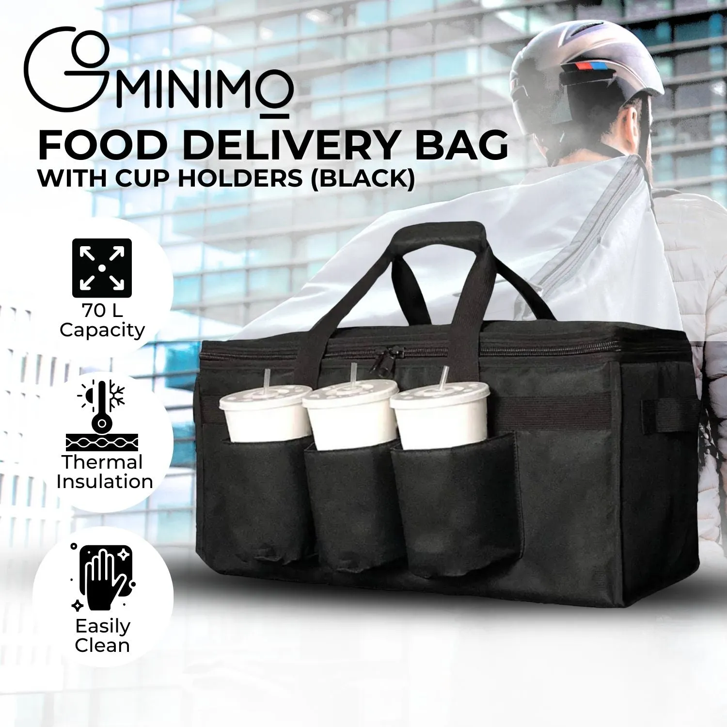 Insulated Food Delivery Bag w/ Cup Holders, Waterproof, 55x35x30cm, GOMINIMO