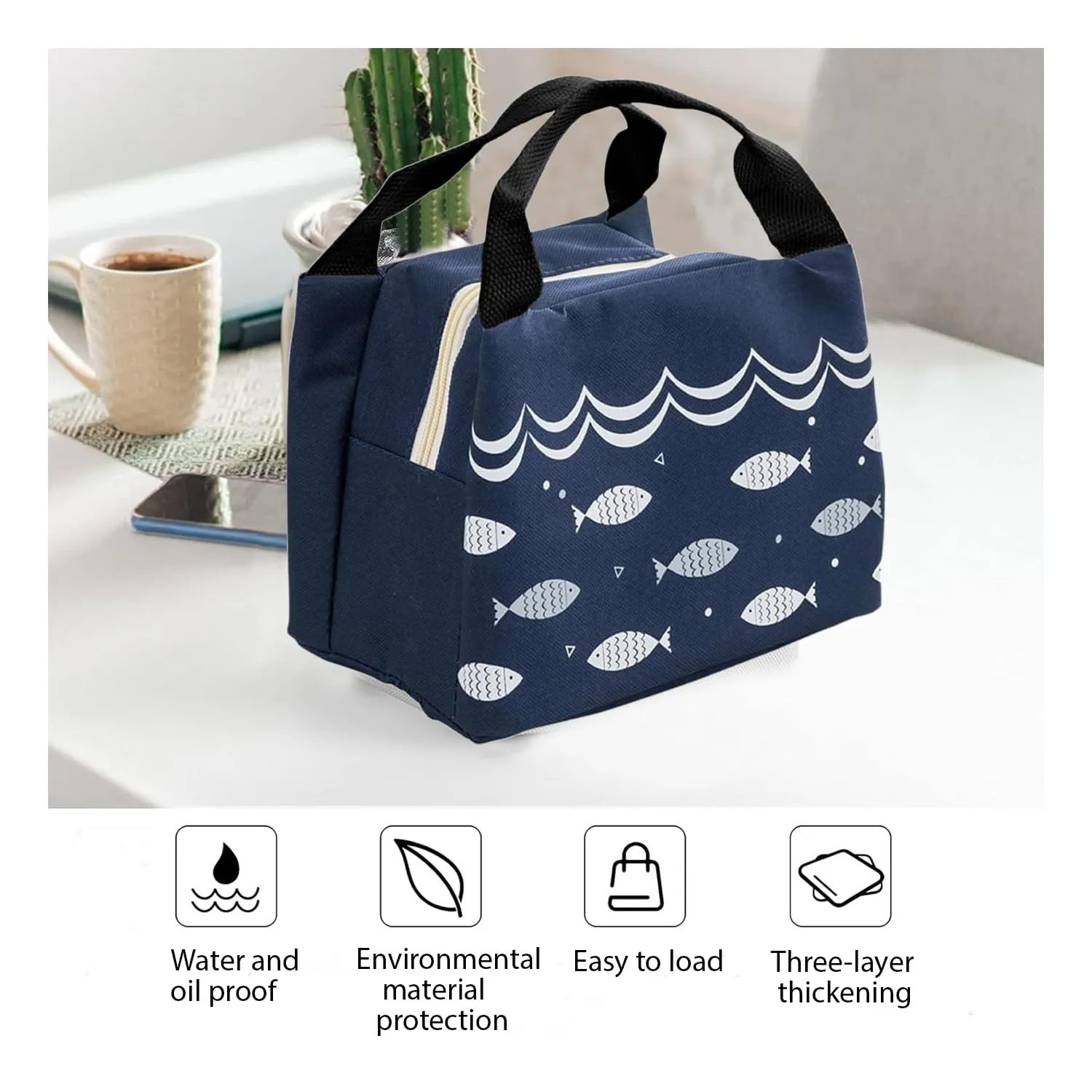 Kuber Industries Lunch Bag | Lunch Bag for Office | Lunch Bag for College | Reusable Lunch Bag | Lunch Bag for Adults | Tiffin Lunch Bag with Handle | Printed | LYN06-NVY | Navy Blue