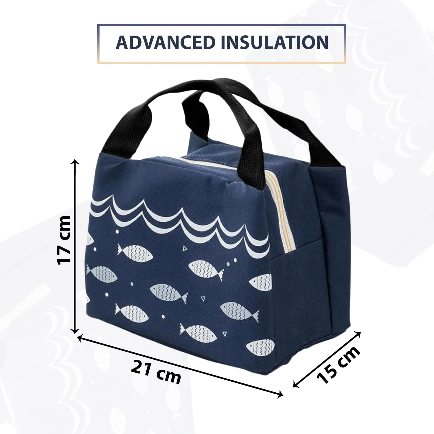 Kuber Industries Lunch Bag | Lunch Bag for Office | Lunch Bag for College | Reusable Lunch Bag | Lunch Bag for Adults | Tiffin Lunch Bag with Handle | Printed | LYN06-NVY | Navy Blue