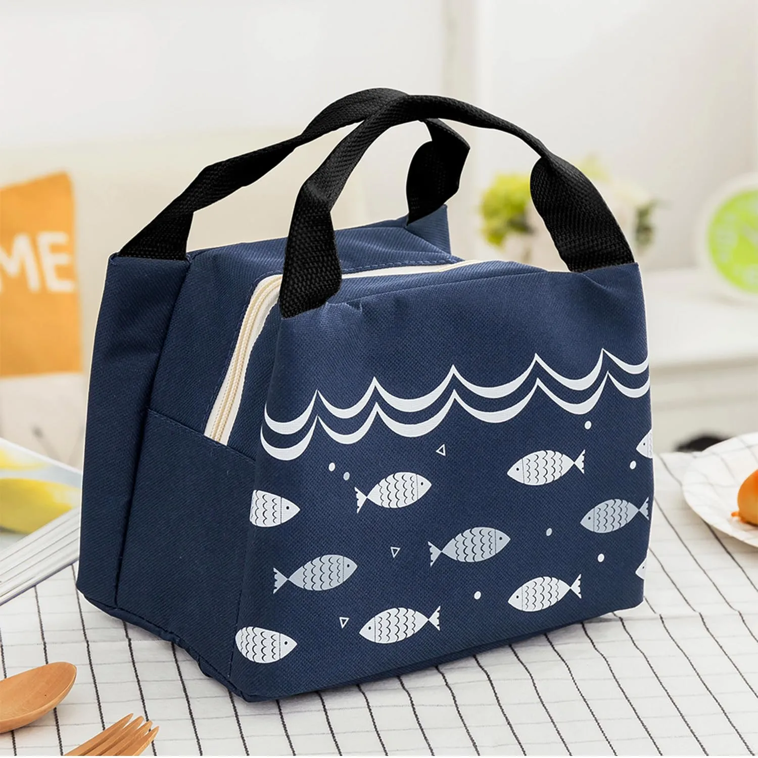 Kuber Industries Lunch Bag | Lunch Bag for Office | Lunch Bag for College | Reusable Lunch Bag | Lunch Bag for Adults | Tiffin Lunch Bag with Handle | Printed | LYN06-NVY | Navy Blue