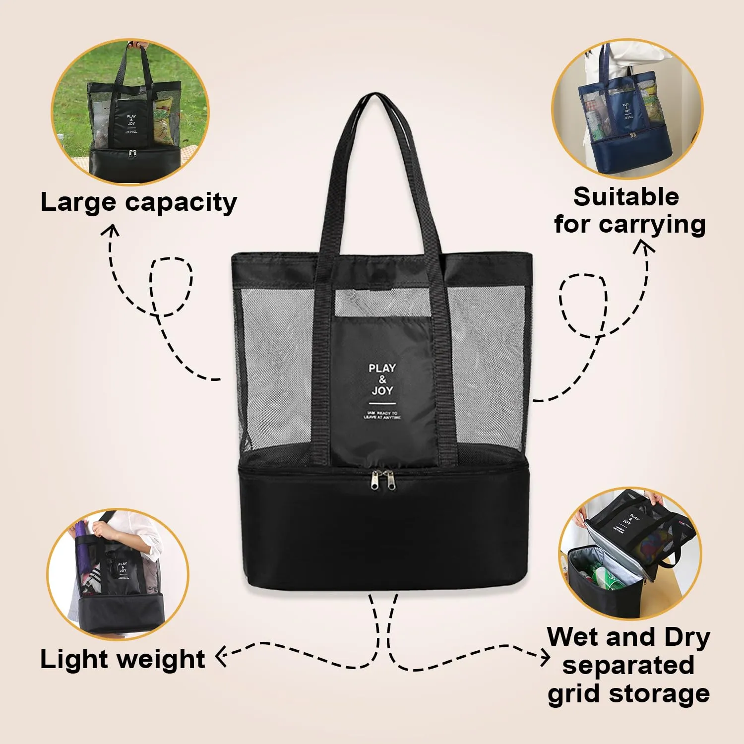 Kuber Industries Mesh Tote Bag | Insulated Compartment Tote Bags | Beach Bag for Travel-Pool-Camping Picnic | Wet and dry 2 Separation Grid | Pool Bag with Handle | ZH030BK | Black