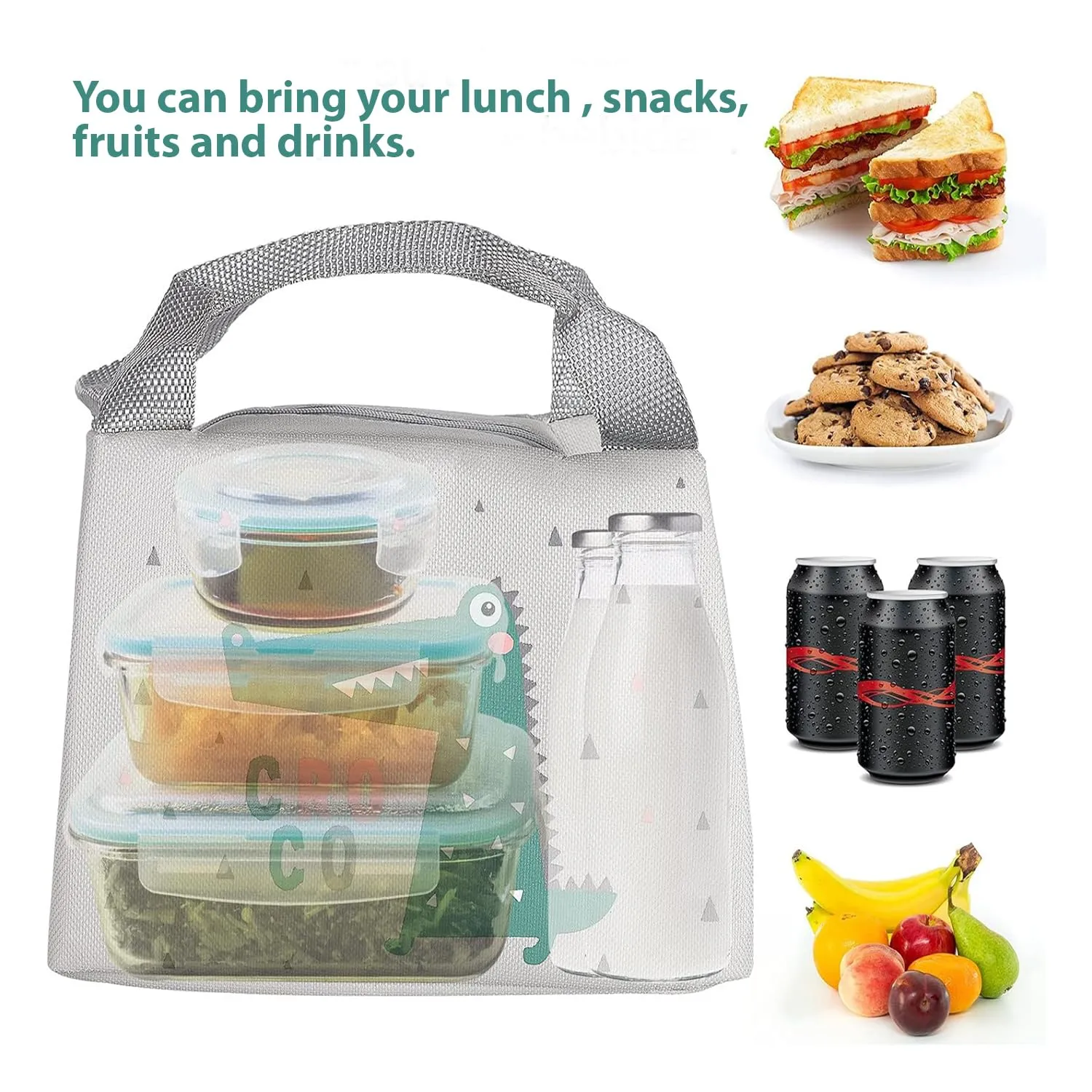 Kuber Industries Pack of 4 Lunch Bag | Lunch Bag for Office | Lunch Bag for College | Reusable Lunch Bag | Lunch Bag for Adults | Tiffin Lunch Bag with Handle | Printed | LYN04-WTE | White