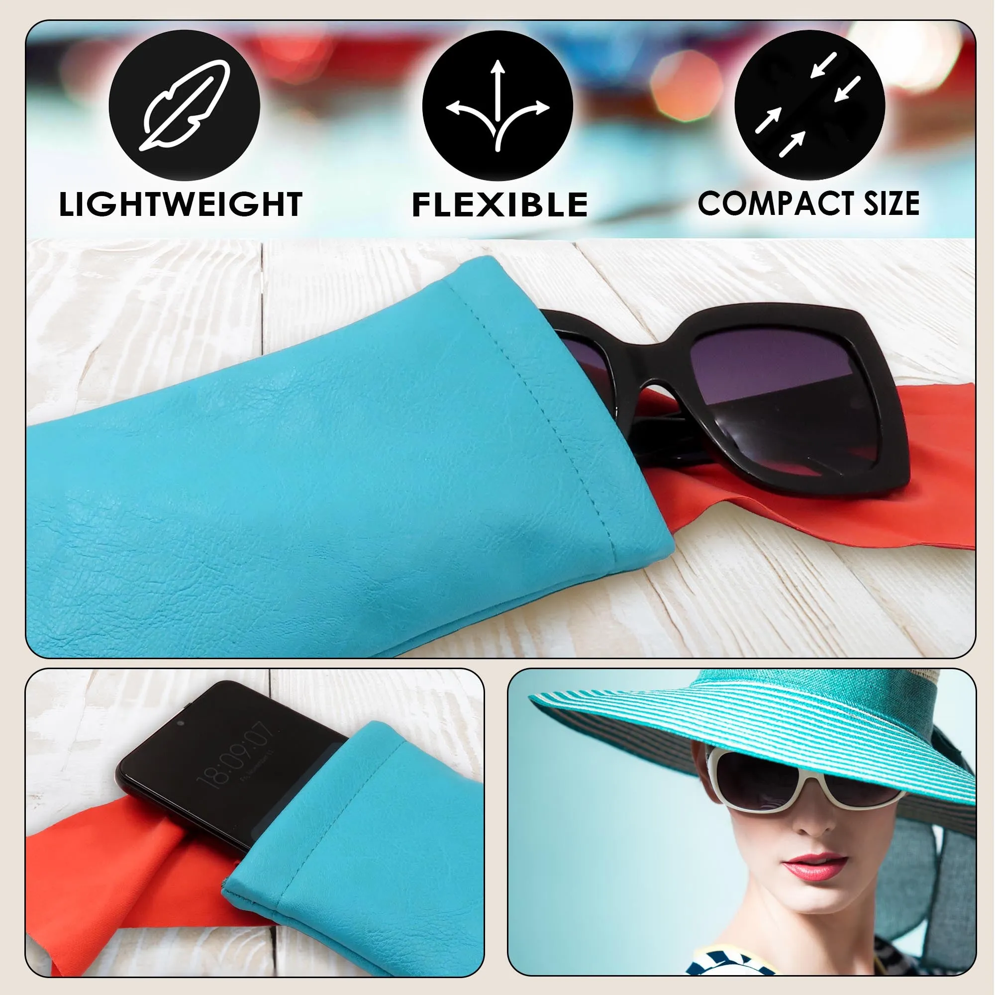 Large Sunglasses Pouch in Smooth Teal, Soft Eyeglasses Case w/ Cloth, Squeeze Top Case (CT8 Teal)