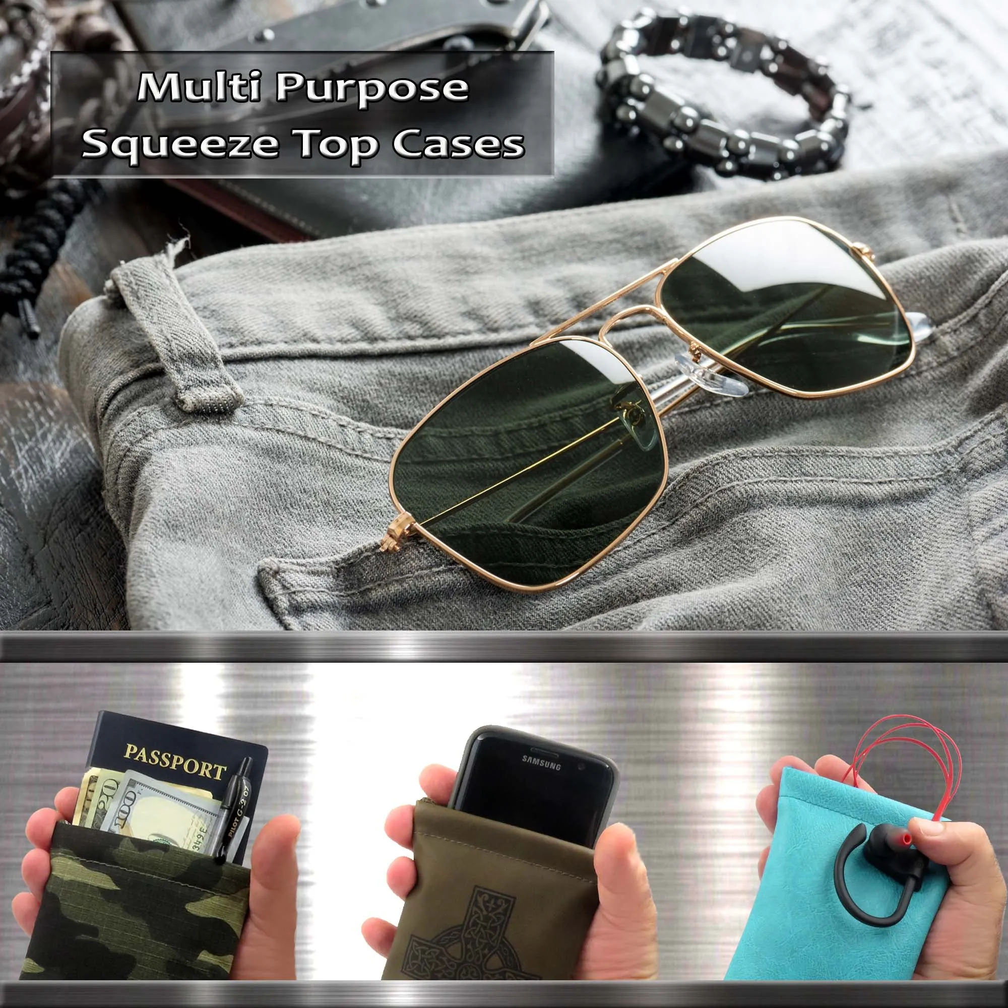 Large Sunglasses Pouch in Smooth Teal, Soft Eyeglasses Case w/ Cloth, Squeeze Top Case (CT8 Teal)