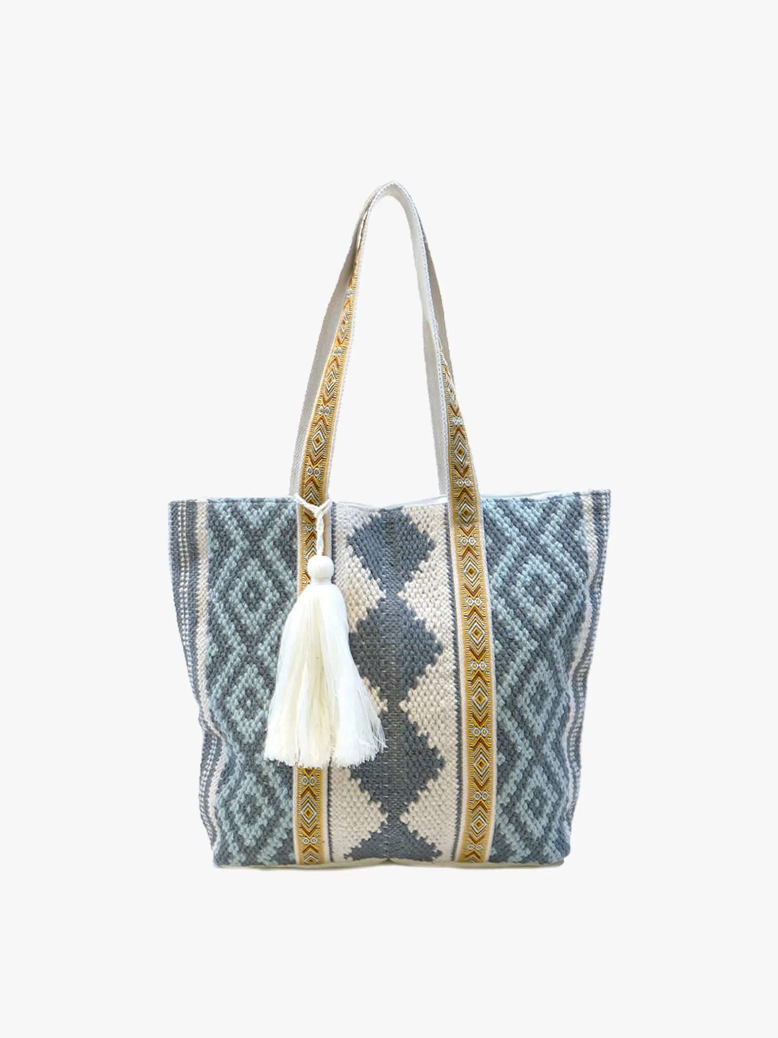 M2154 Tina Diamond Cotton Tote w/ Patterned Handles