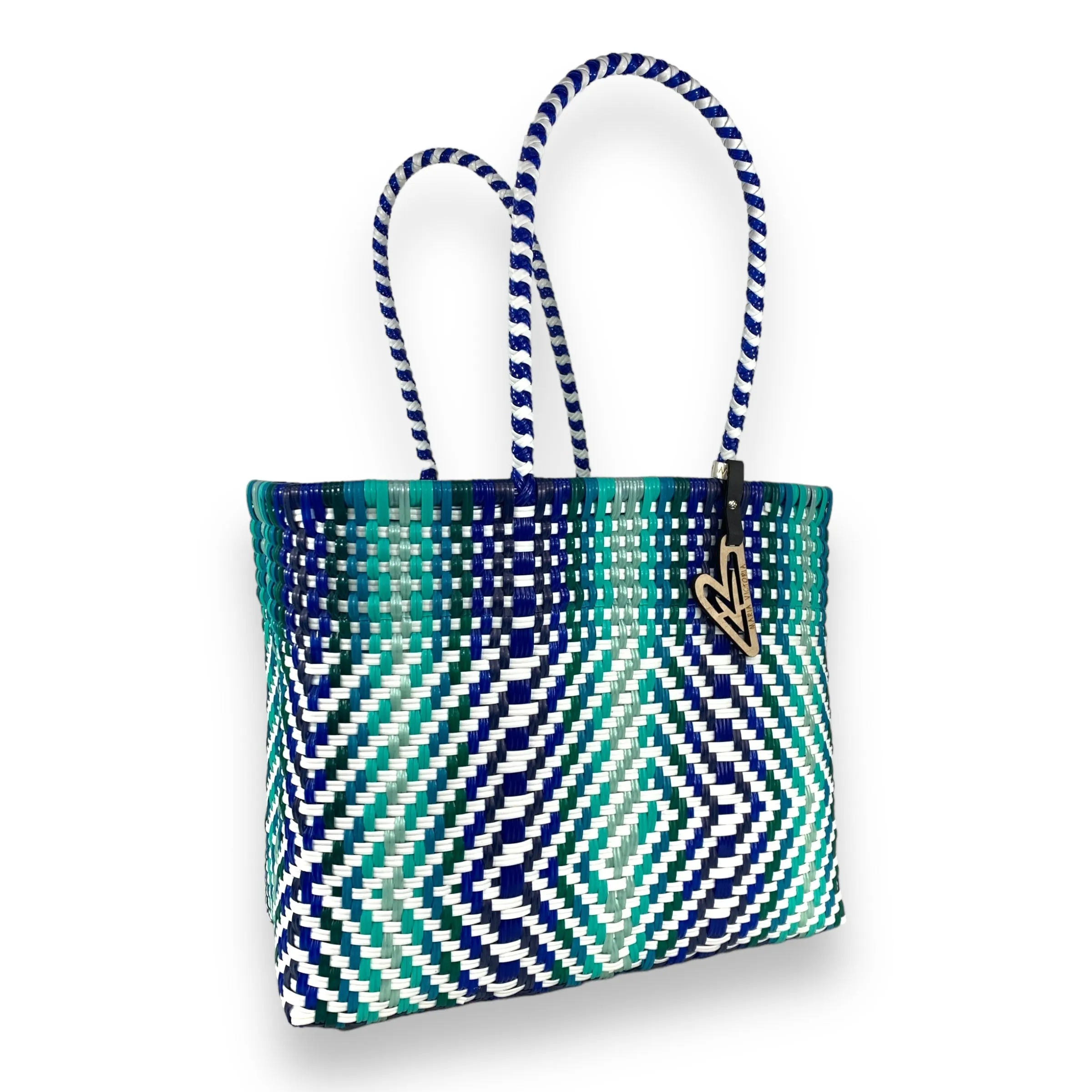 Maria Victoria | Aqua Tote | Upcycled, Handwoven, White&Blues Tote