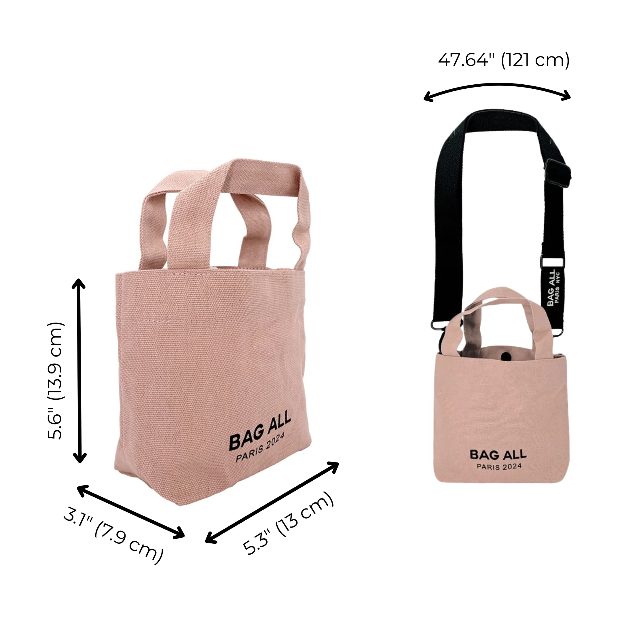 Mini Tote Bag with Strap and Inside Pocket, Pink/Blush