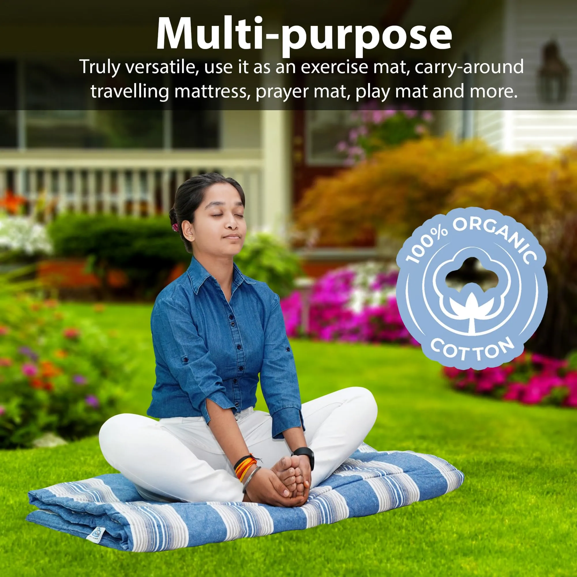 NEXTGO Double Sided Useage Multi-Purpose Travel Friendly, Outdoor Camping, Lightweight, Single Size Soft Slim Mattress Yoga Mat (78 X 36 X 1.5 Inches) Blue White Lining