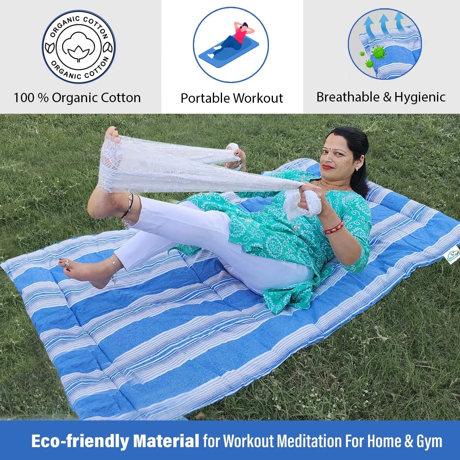 NEXTGO Double Sided Useage Multi-Purpose Travel Friendly, Outdoor Camping, Lightweight, Single Size Soft Slim Mattress Yoga Mat (78 X 36 X 1.5 Inches) Blue White Lining