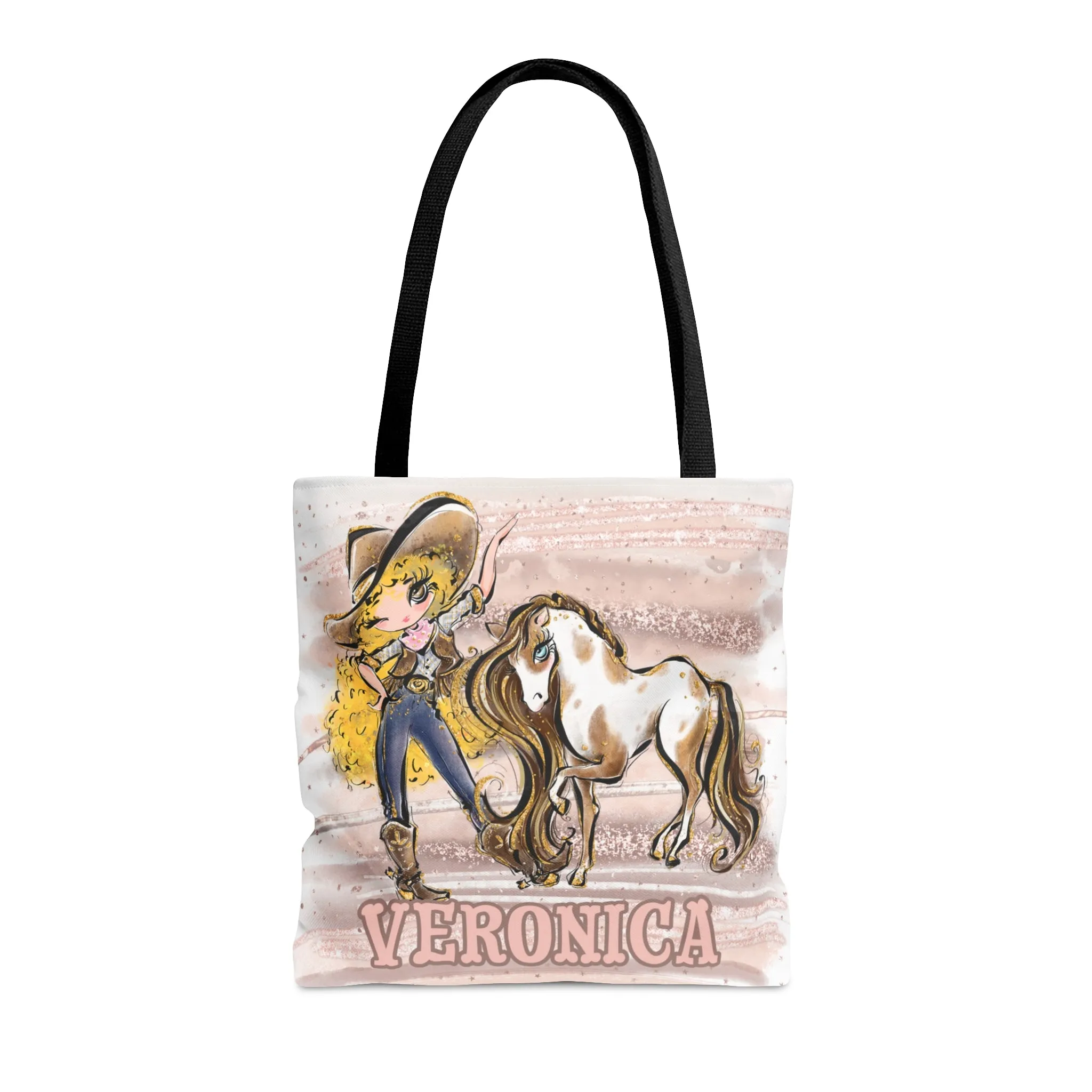 Personalised Tote Bag, Cowgirl & Horse, Blonde Curly Hair, Brown Eyes, Tote bag