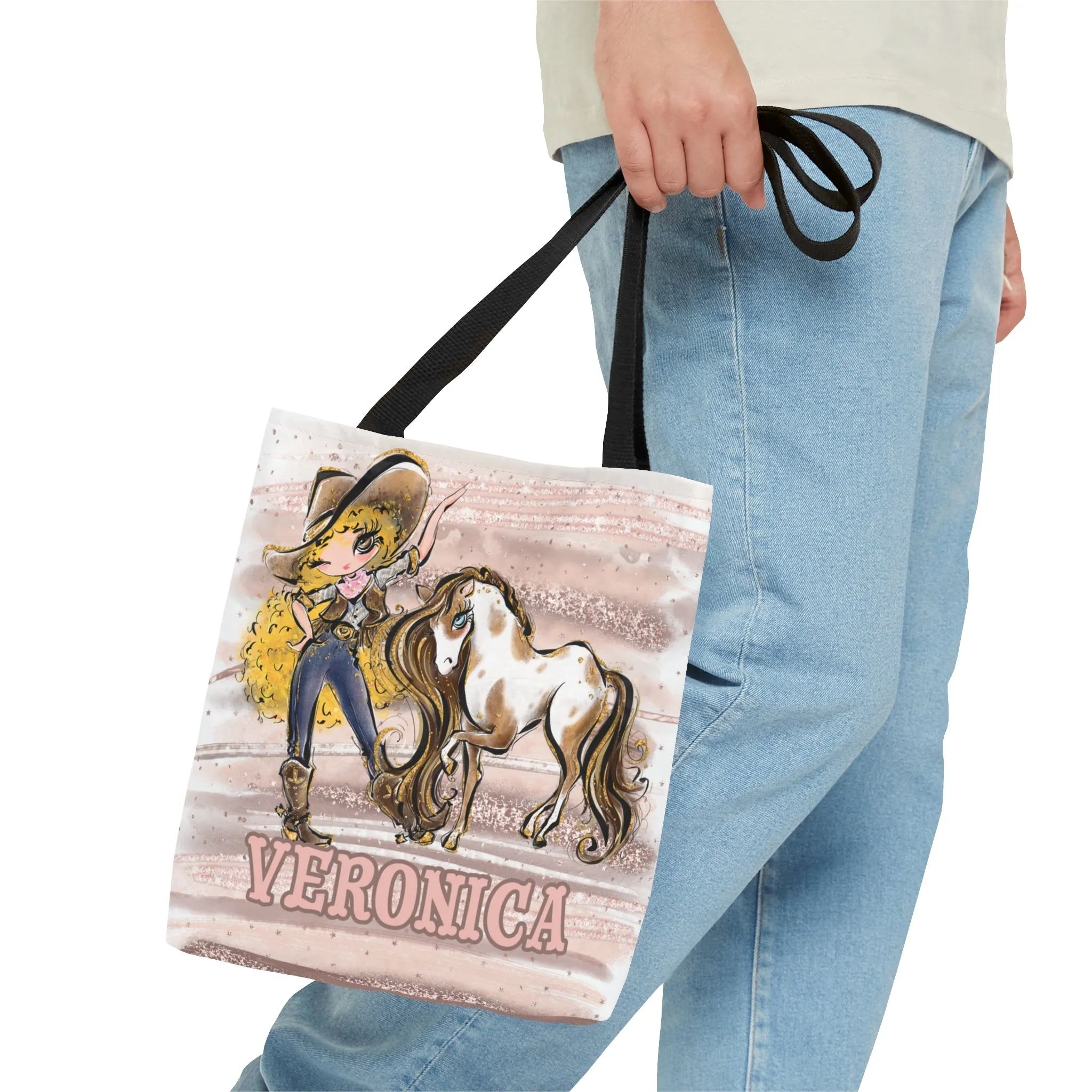 Personalised Tote Bag, Cowgirl & Horse, Blonde Curly Hair, Brown Eyes, Tote bag