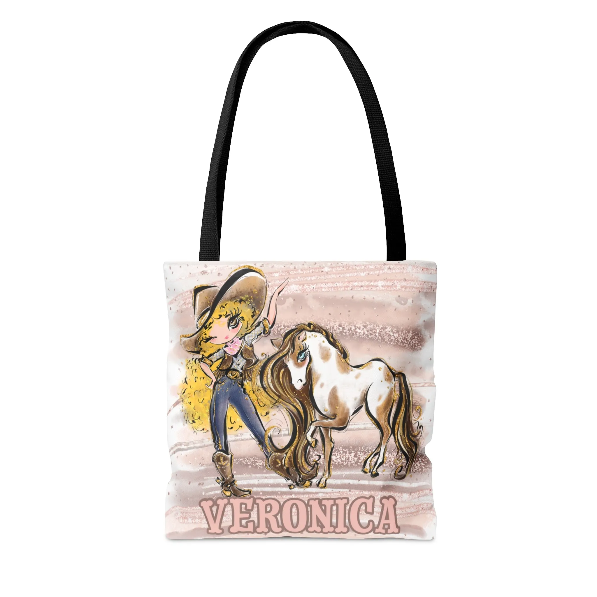 Personalised Tote Bag, Cowgirl & Horse, Blonde Curly Hair, Brown Eyes, Tote bag