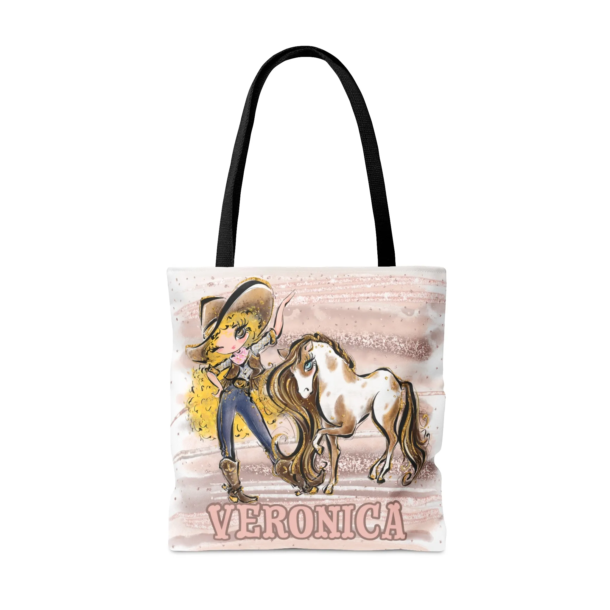 Personalised Tote Bag, Cowgirl & Horse, Blonde Curly Hair, Brown Eyes, Tote bag