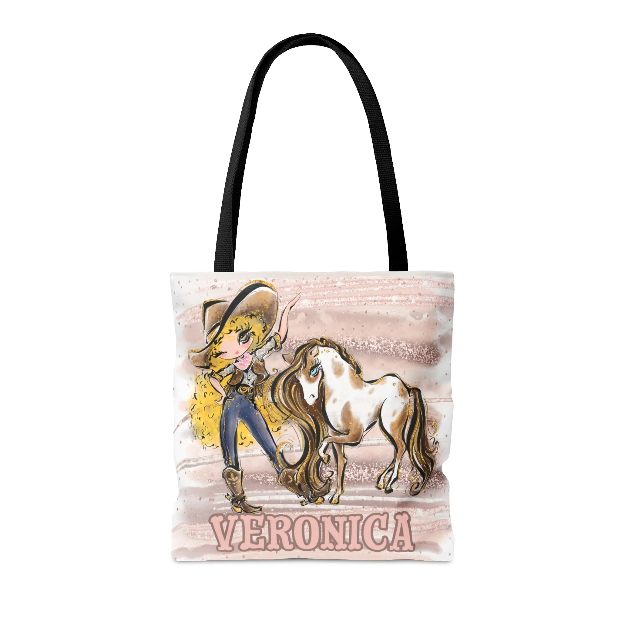 Personalised Tote Bag, Cowgirl & Horse, Blonde Curly Hair, Brown Eyes, Tote bag