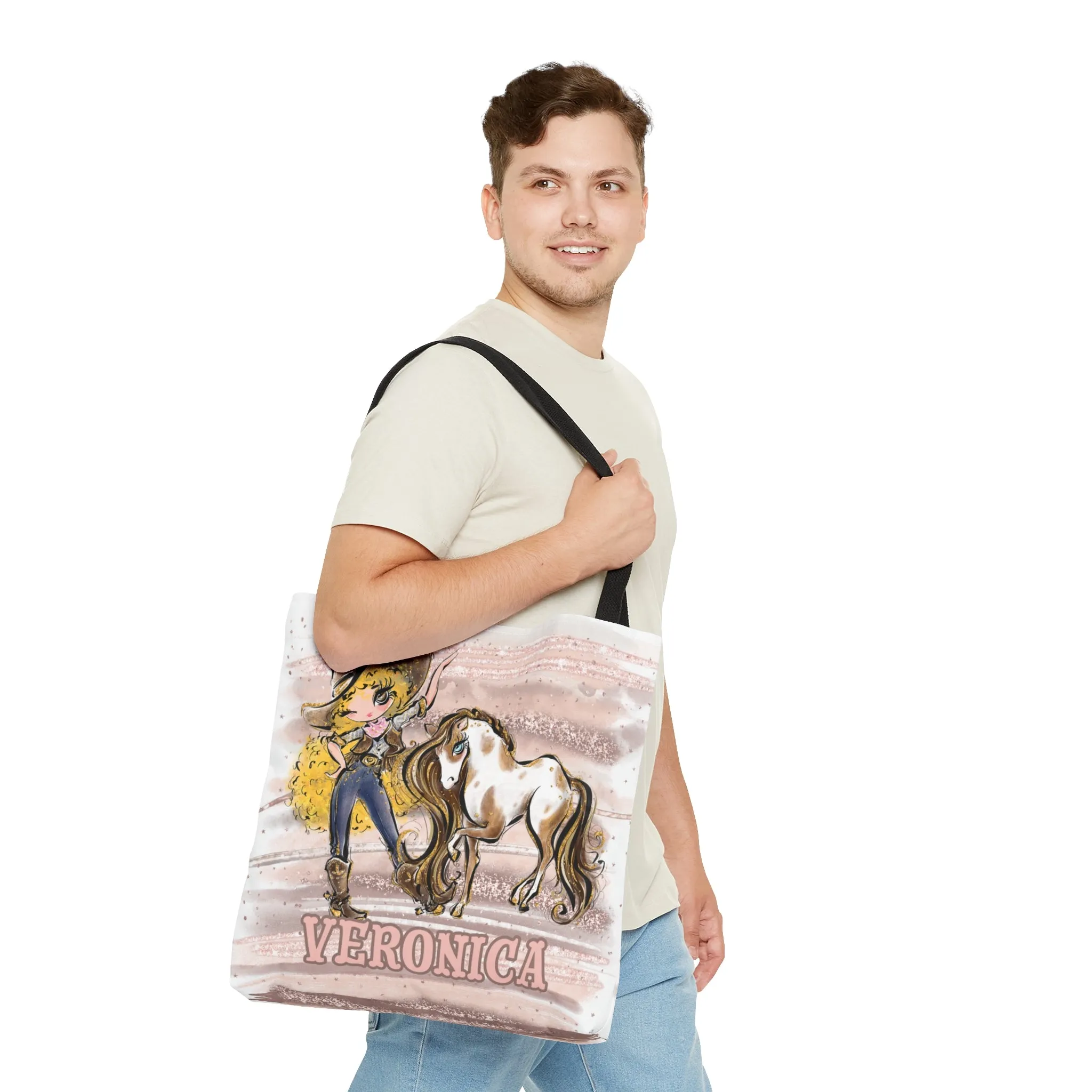 Personalised Tote Bag, Cowgirl & Horse, Blonde Curly Hair, Brown Eyes, Tote bag