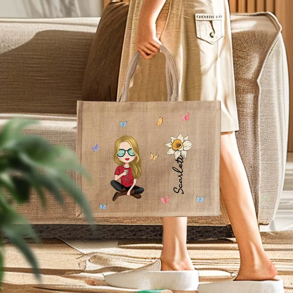 Personalized Cartoon Women Girl Birth Flower Jute Tote Bag with Name Wedding Birthday Gift for Her