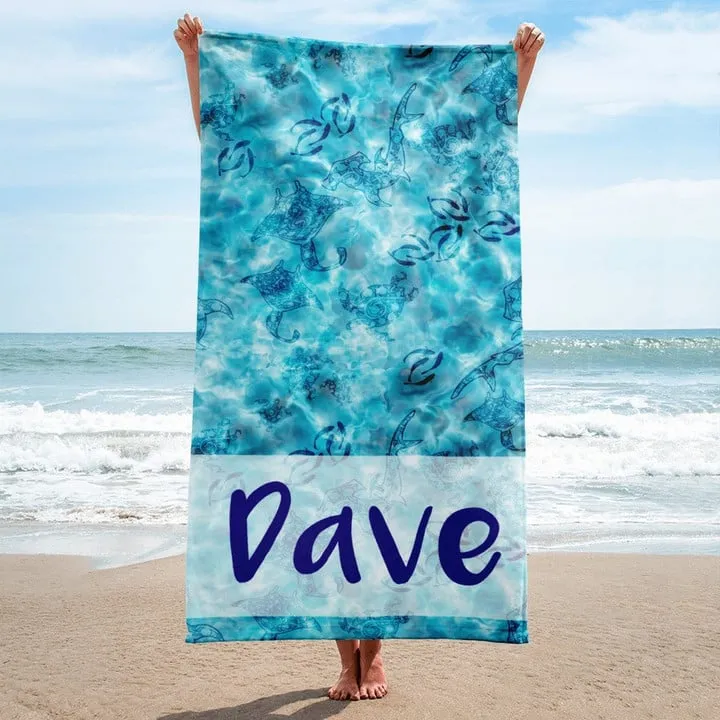 Personalized Large Beach Towel, Hidden Ocean Sharks Stingray and Sea Turtles Bath Towel