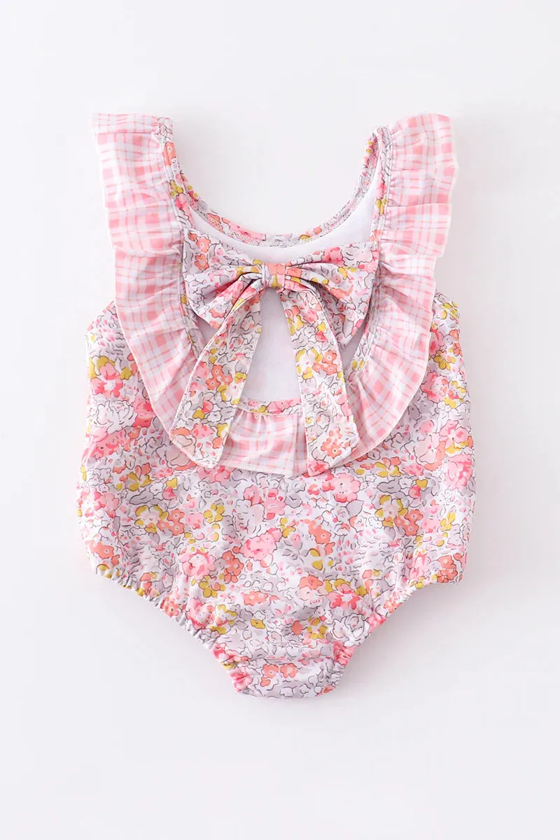 Pink Floral Plaid Ruffle One Piece Swimsuit