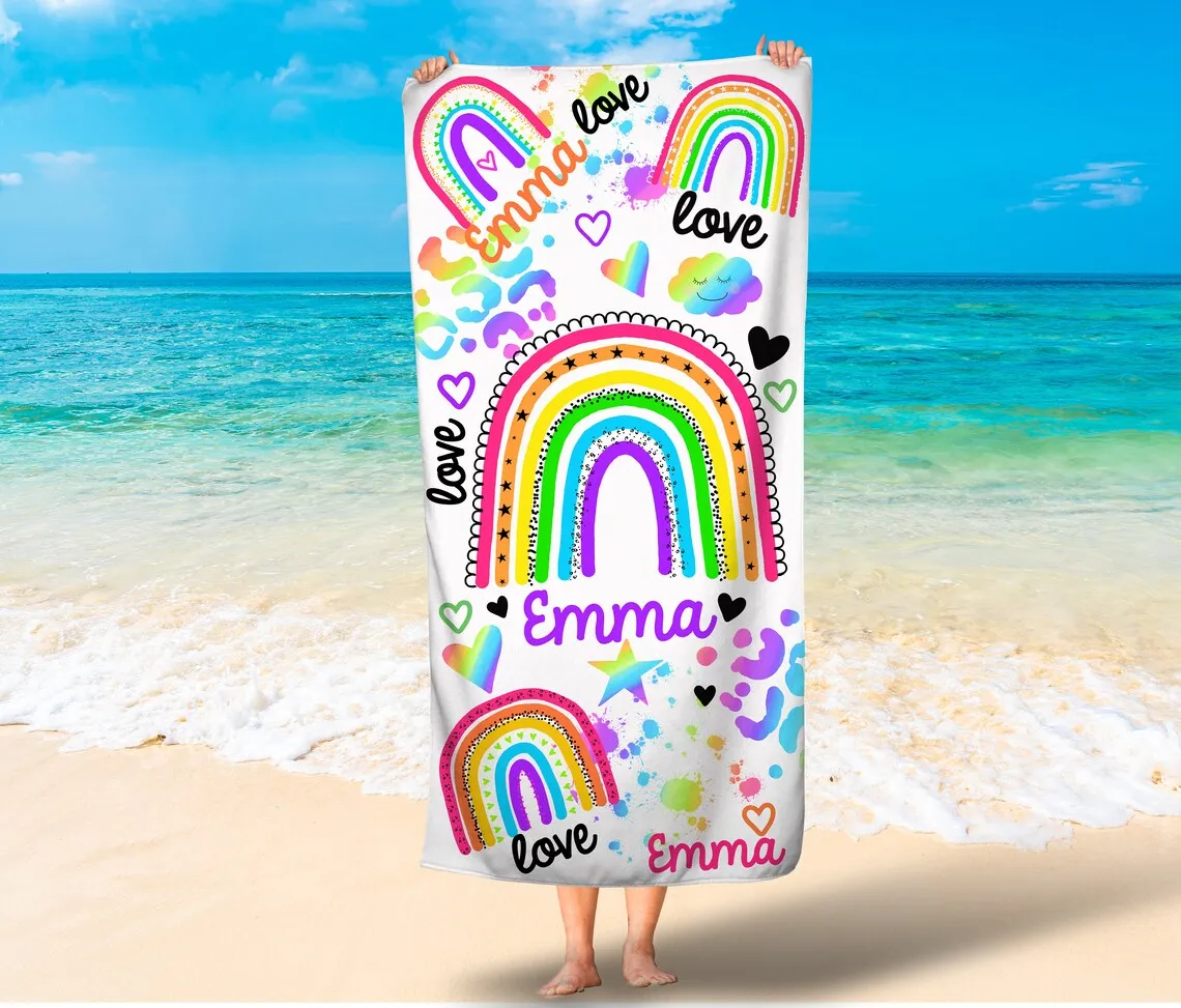 Rainbow Personalized Towel, Kids Beach Towel, Girls Rainbow Beach Towels, Girls Rainbow Bath Towels, Custom Name Girls Towels