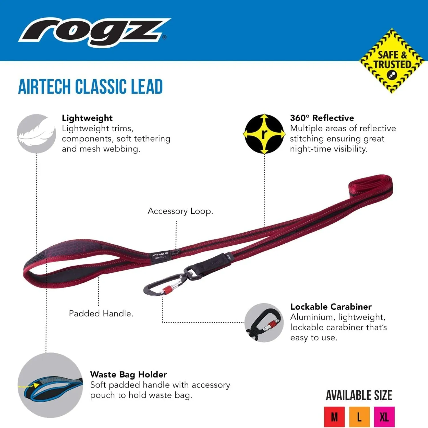 Rogz 1.5m Airtech Classic Lead Burnt Ochre Dog Lead - Large