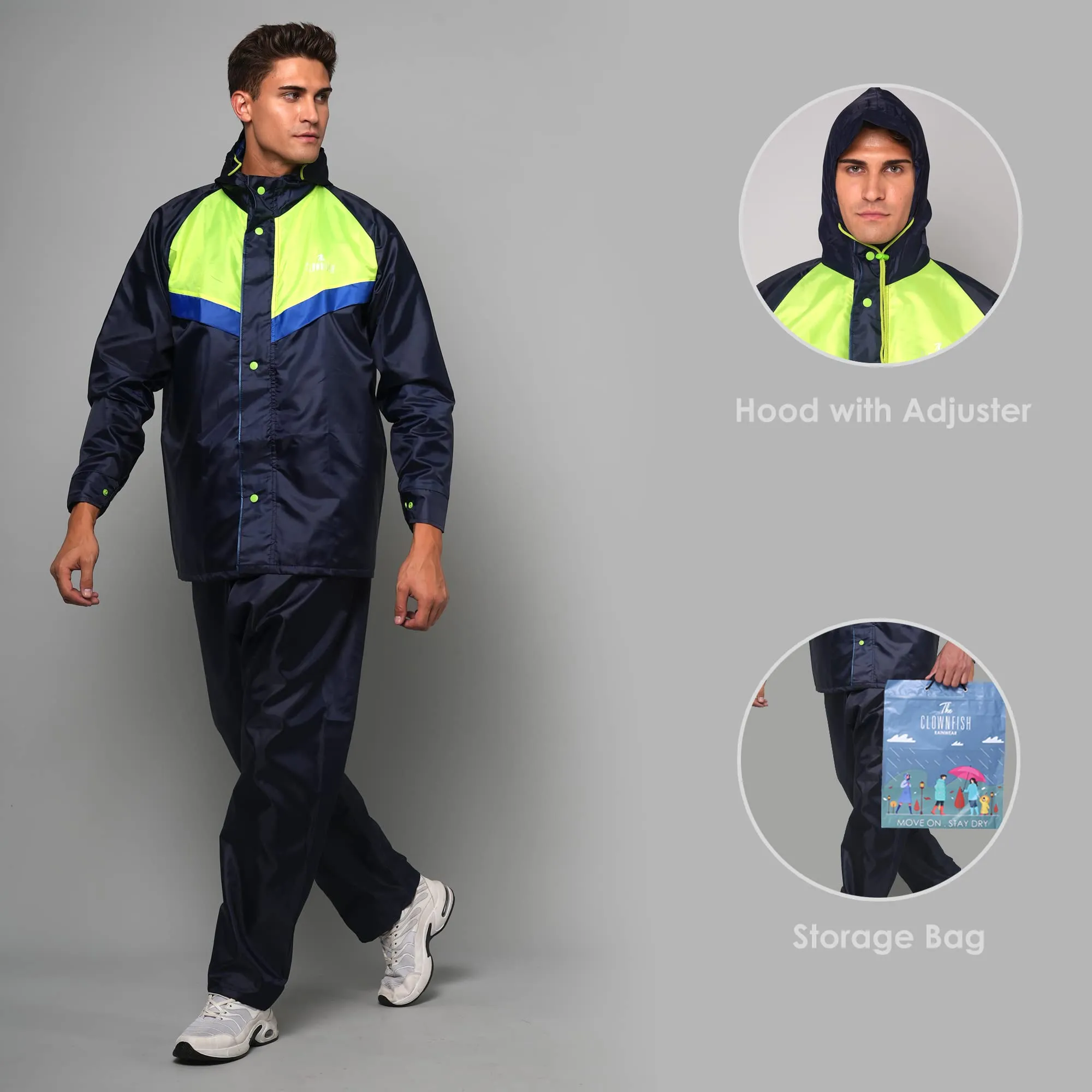 THE CLOWNFISH Sky Pro Series Men's Waterproof Polyester Double Coating Casual Style Raincoat With Hood And Reflector Logo At Back. Set Of Top And Bottom (Blue, Xxl)