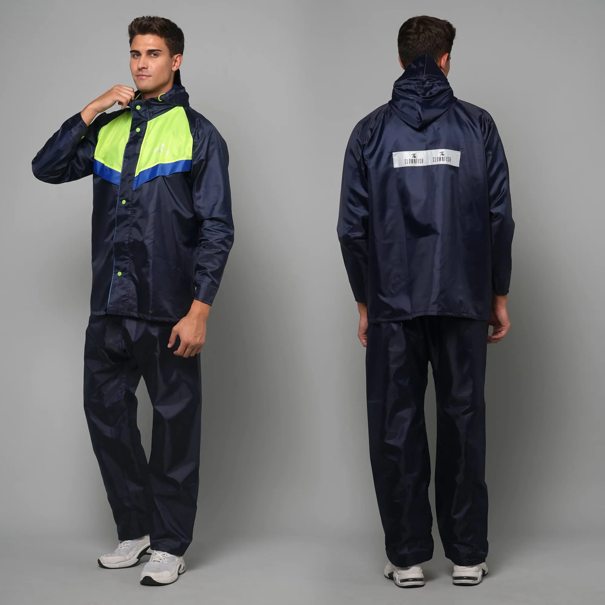 THE CLOWNFISH Sky Pro Series Men's Waterproof Polyester Double Coating Casual Style Raincoat With Hood And Reflector Logo At Back. Set Of Top And Bottom (Blue, Xxl)