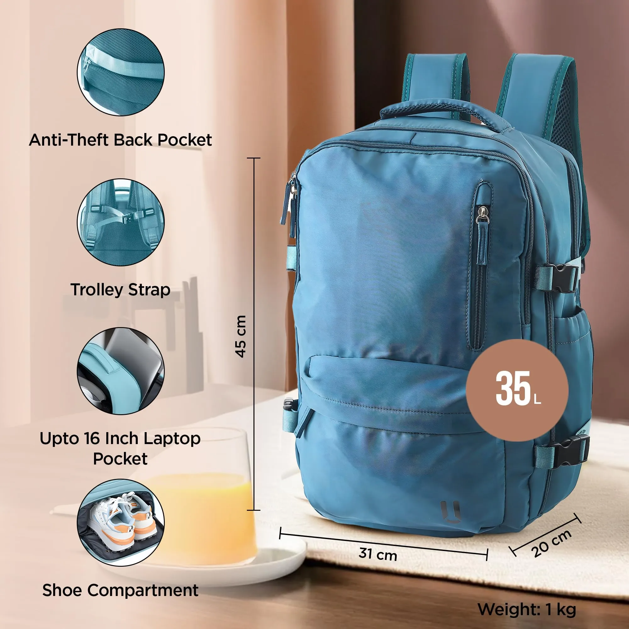 UMAI Anti-theft Laptop Bag 35L | Multi compartment Backpack for men & men With USB charging port | Waterproof | Office/College/School Bag For Girls & Boys | Polyester (Blue)