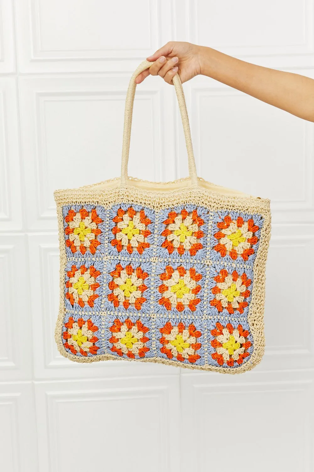 Vintage Style Crochet-Design Large Straw Tote