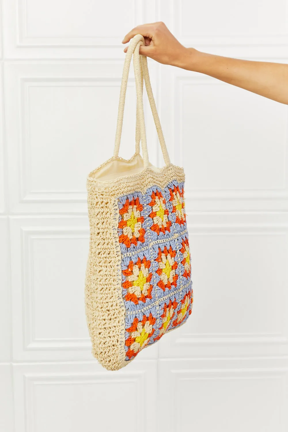 Vintage Style Crochet-Design Large Straw Tote